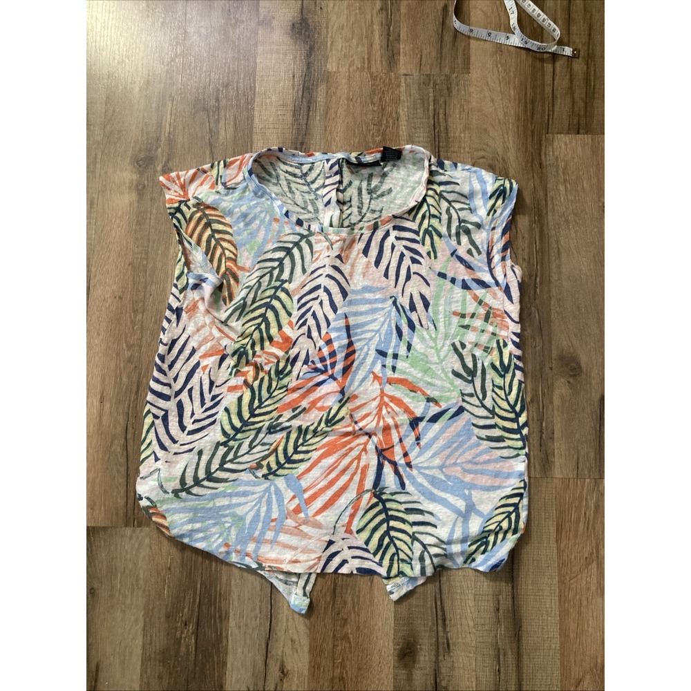 Tahari Sleeveless Linen Top Women Medium Colorful Leaf Print Stretch Button Back